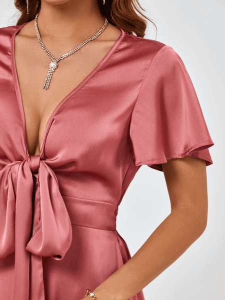 Women V-neck Flared Hem Tie Waist Cutout Dress - Samslivos