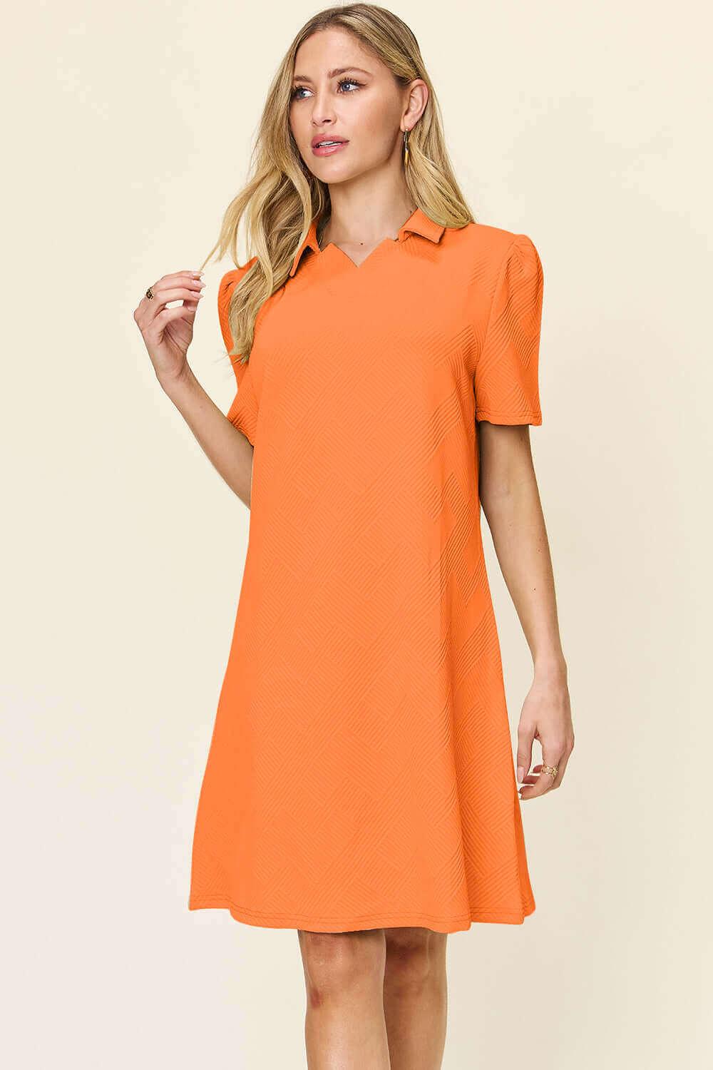 Double Take Full Size Texture Collared Neck Short Sleeve Dress - SAMFILS