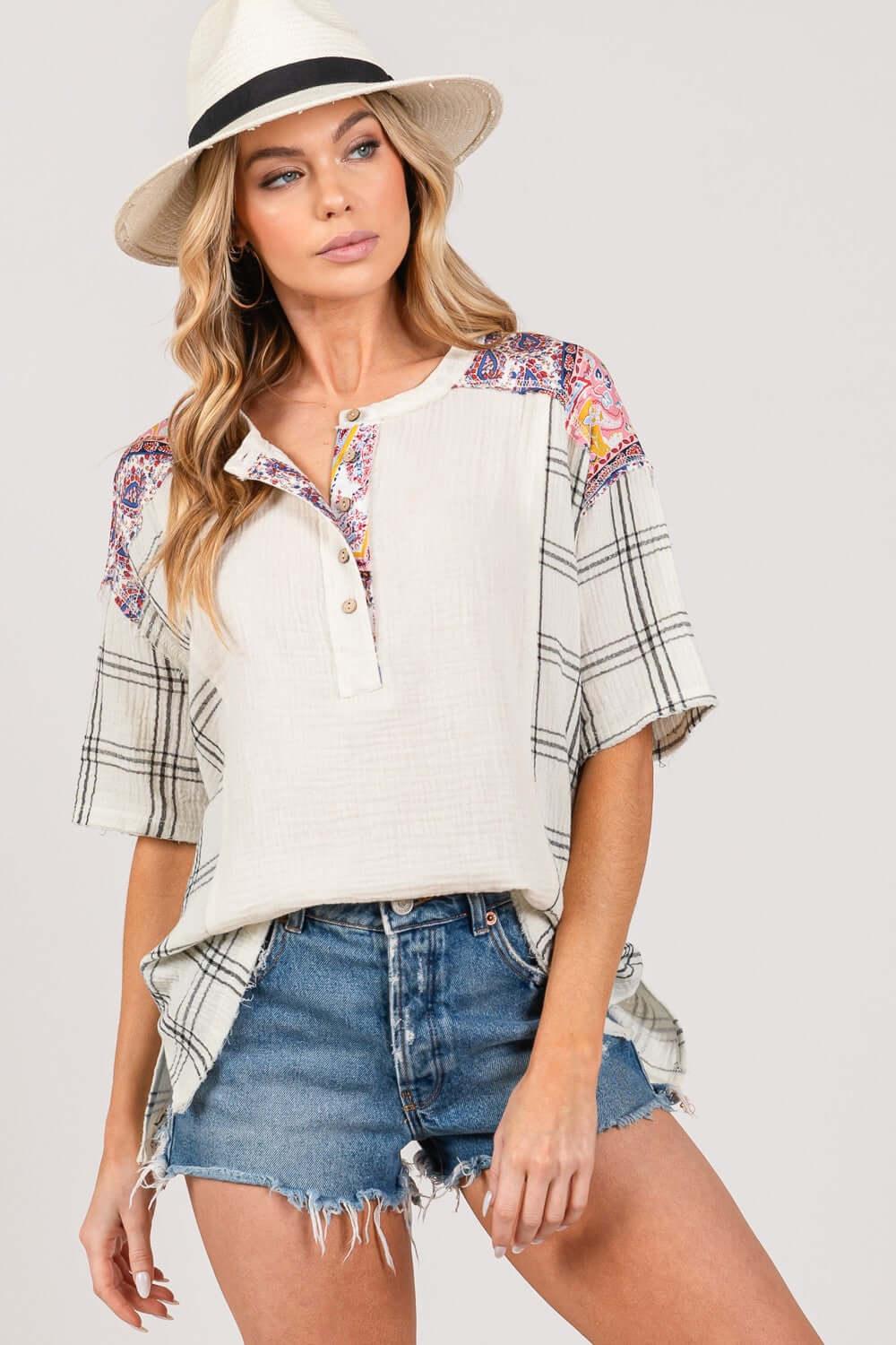 SAGE + FIG Plaid Half Button Gauze Top - SAMFILS