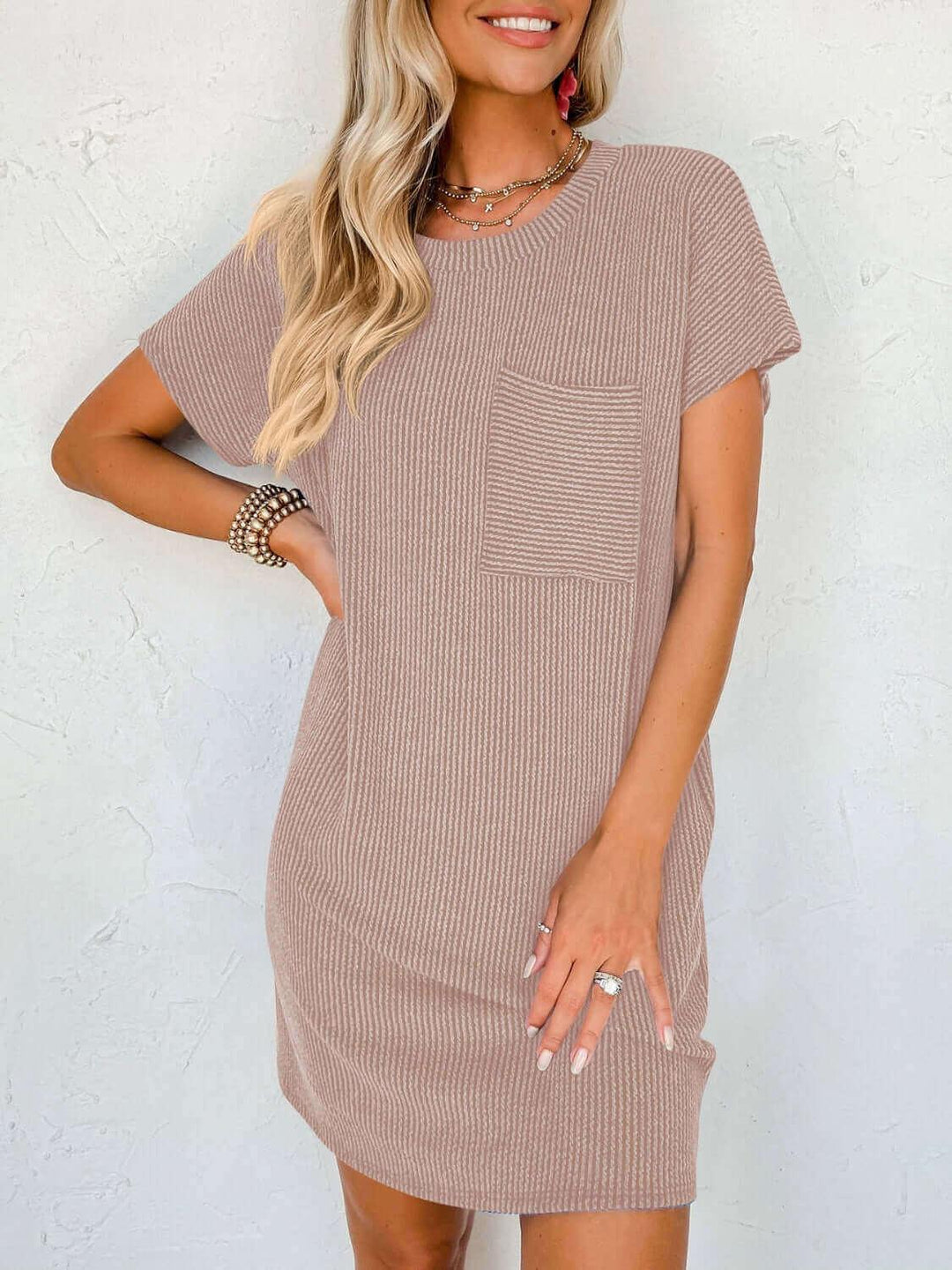 Comfort Round Neck Short Sleeve Mini Dress - Samslivos