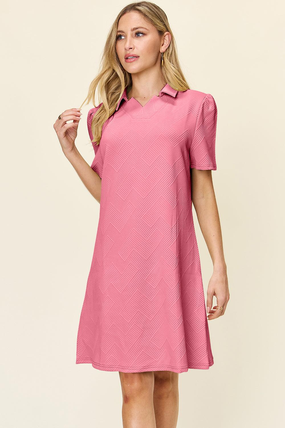 Double Take Full Size Texture Collared Neck Short Sleeve Dress - SAMFILS