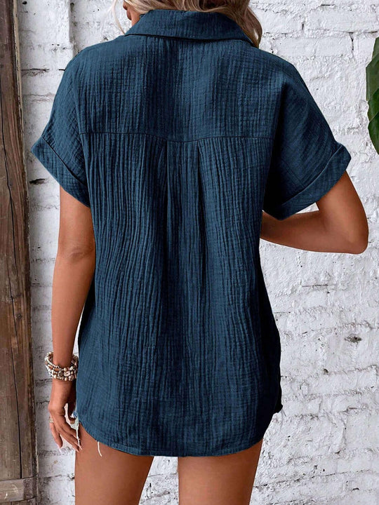 Textured Button Up Unique Fabric Short Sleeve Shirt - SAMFILS