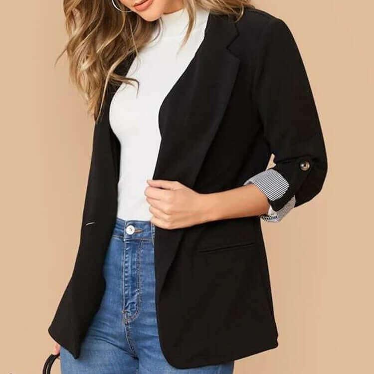 Lapel Collar Roll-Tab Clausic Sleeve Blazer - SAMFILS