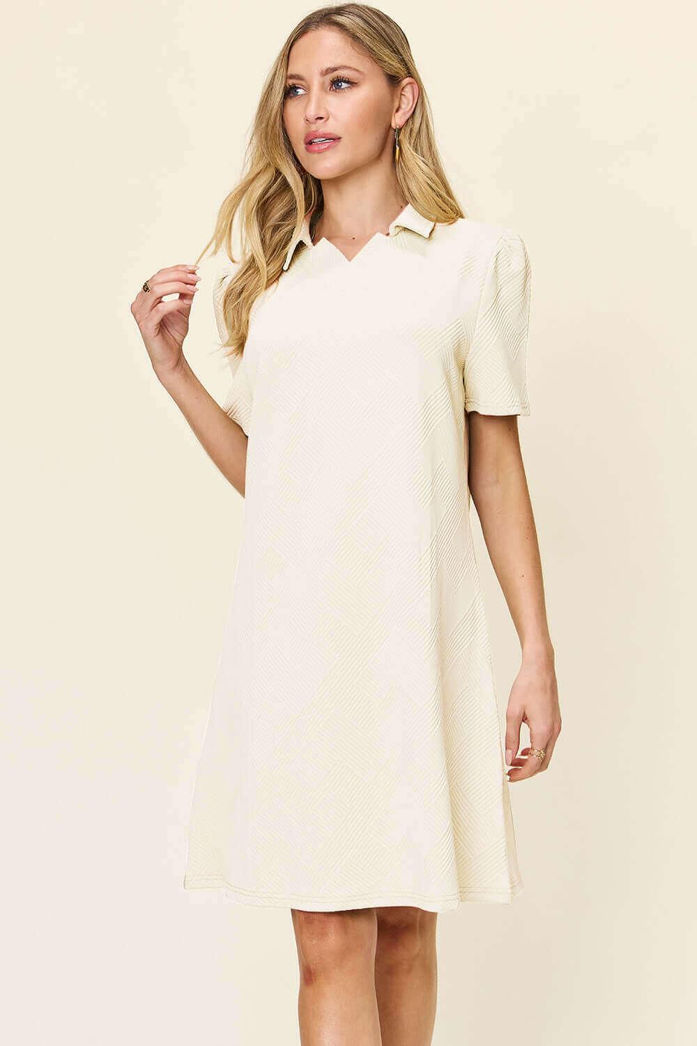 Double Take Full Size Texture Collared Neck Short Sleeve Dress - SAMFILS