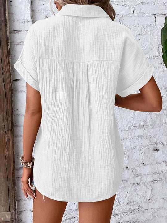 Textured Button Up Unique Fabric Short Sleeve Shirt - SAMFILS