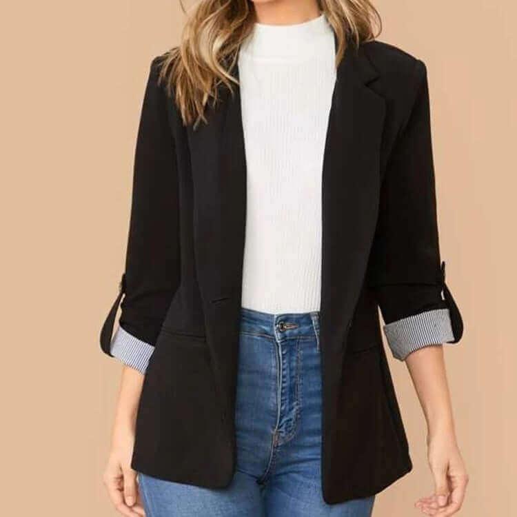 Lapel Collar Roll-Tab Clausic Sleeve Blazer - SAMFILS