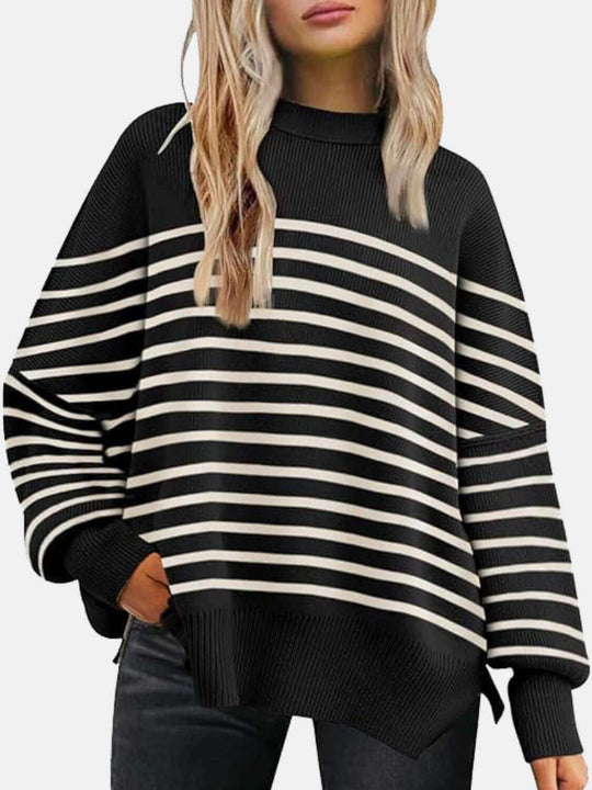 Round Neck Drop Shoulder Slit Sweater - Samslivos