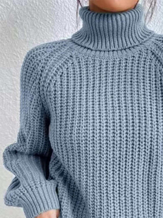 Full Size Turtleneck Rib-Knit Slit Sweater - Samslivos