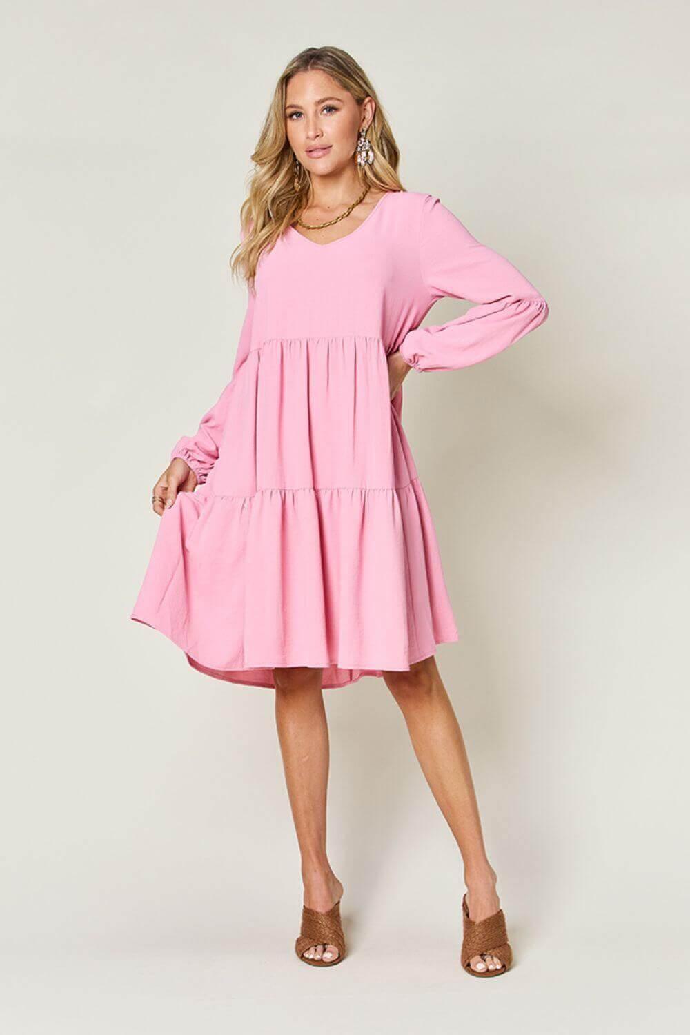 Double Take Full Size V-Neck Balloon Sleeve Tiered Dress - SAMFILS