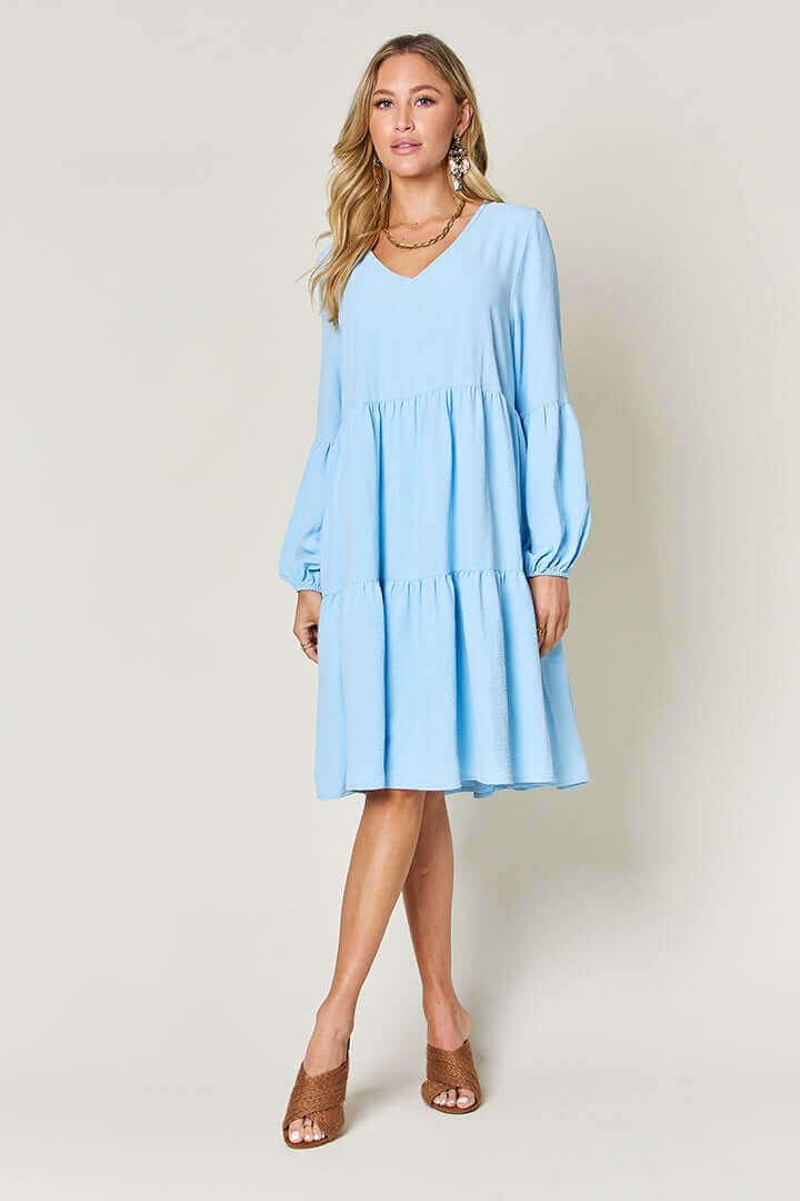 Double Take Full Size V-Neck Balloon Sleeve Tiered Dress - SAMFILS