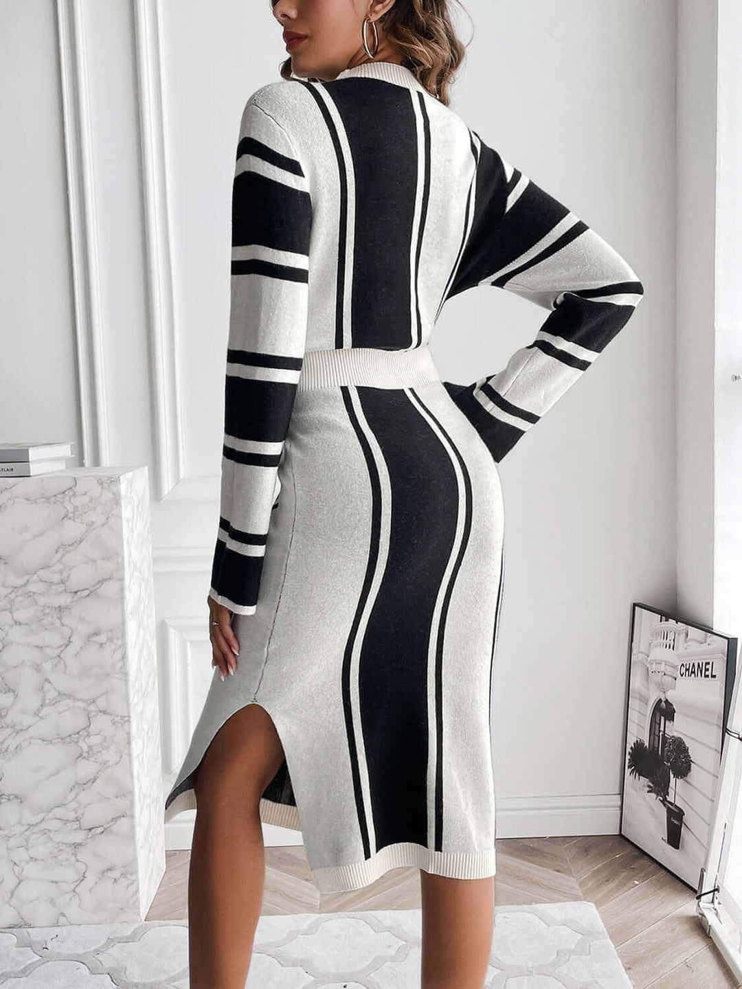 Slit Striped Mock Neck Sweater Dress - Samslivos