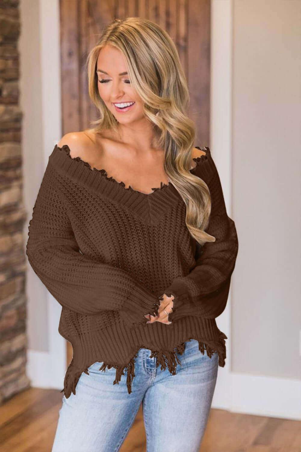 Frayed Hem Dropped Shoulder Sweater - SAMFILS