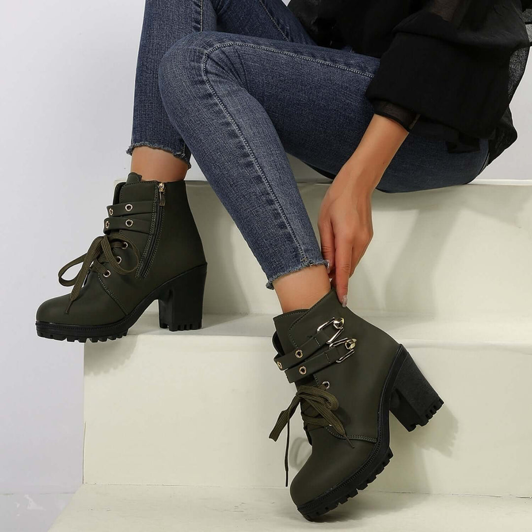 PU Leather Round Toe Block Heel Boots - Samslivos
