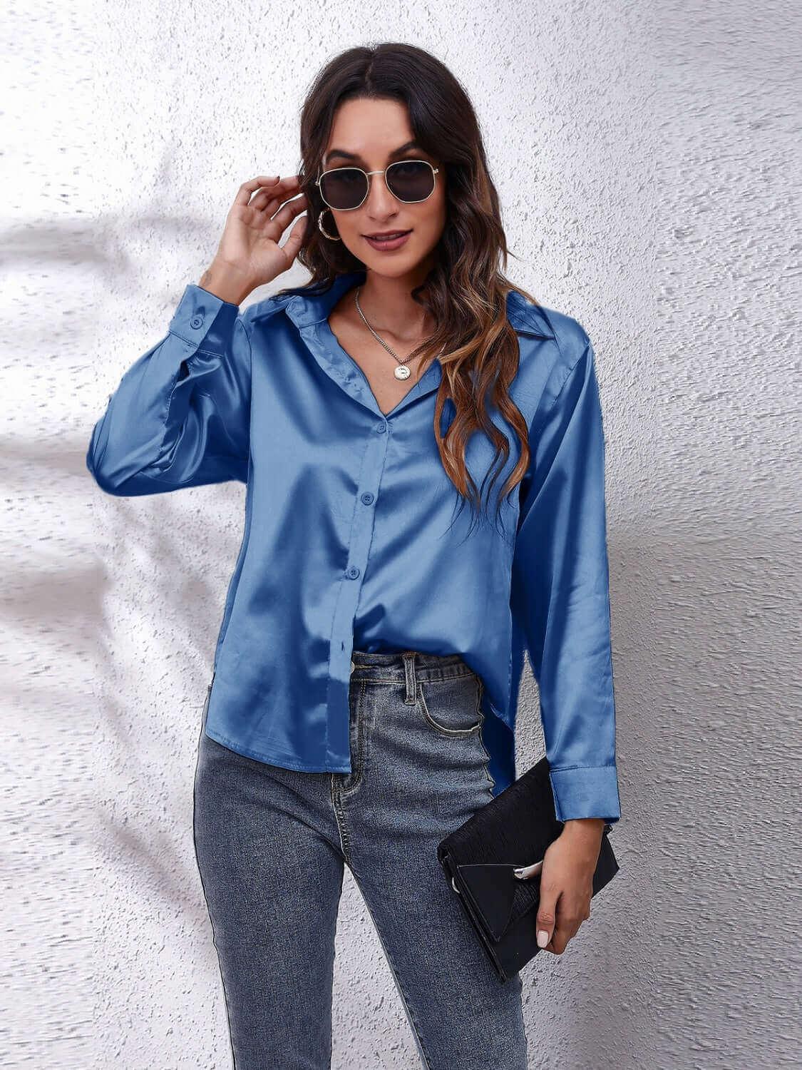 Classic Collared Neck Buttoned Closure Long Sleeve Shirt - SAMFILS