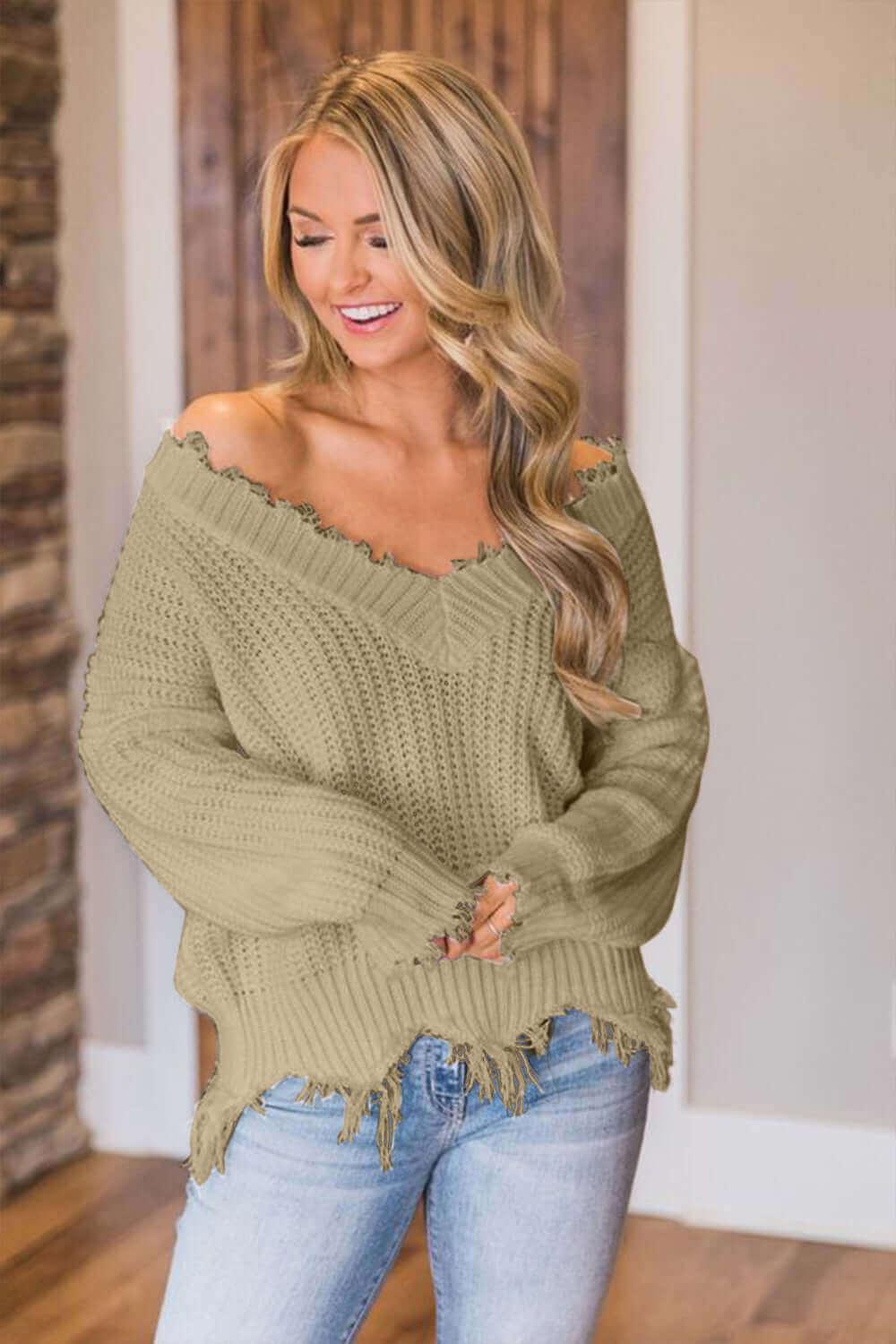 Frayed Hem Dropped Shoulder Sweater - SAMFILS