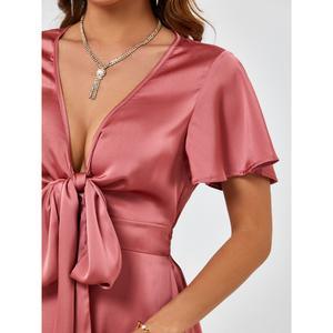 Women V-neck Flared Hem Tie Waist Cutout Dress - Samslivos