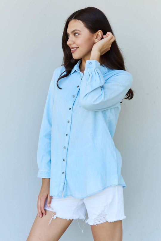 Doublju Blue Jean Baby Denim Button Down Shirt - SAMFILS