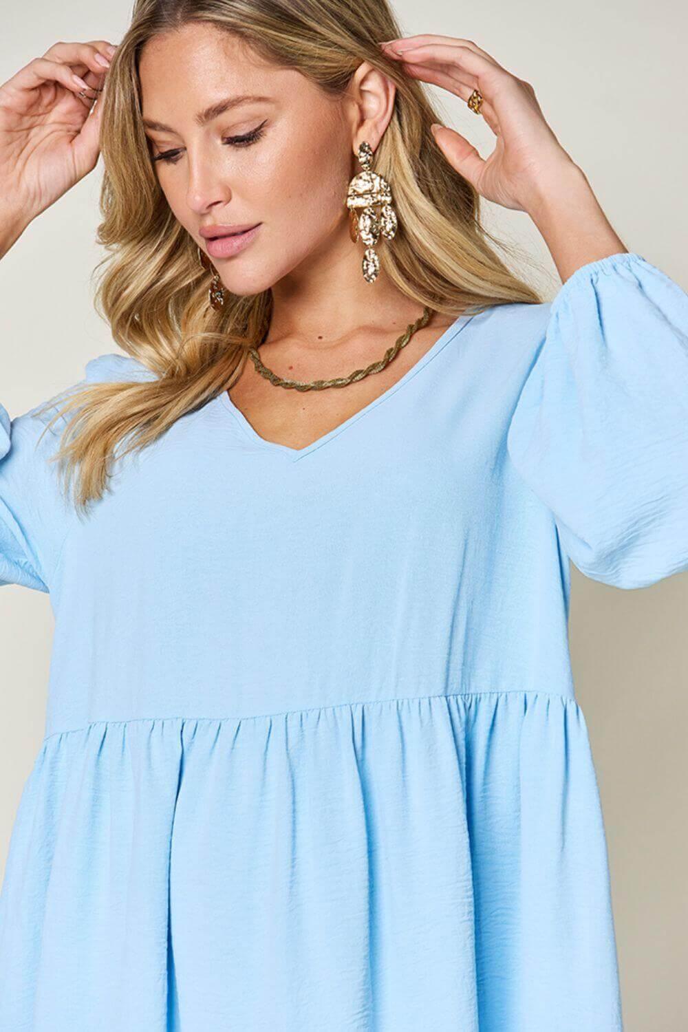 Double Take Full Size V-Neck Balloon Sleeve Tiered Dress - SAMFILS