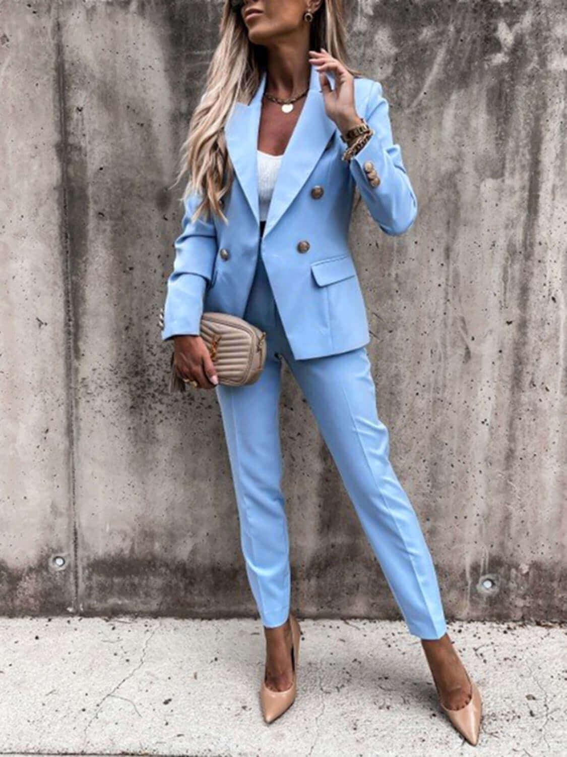 Lapel Collar Long Sleeves Blazer Pant Set - SAMFILS