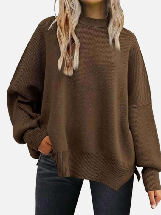 Round Neck Drop Shoulder Slit Sweater - Samslivos