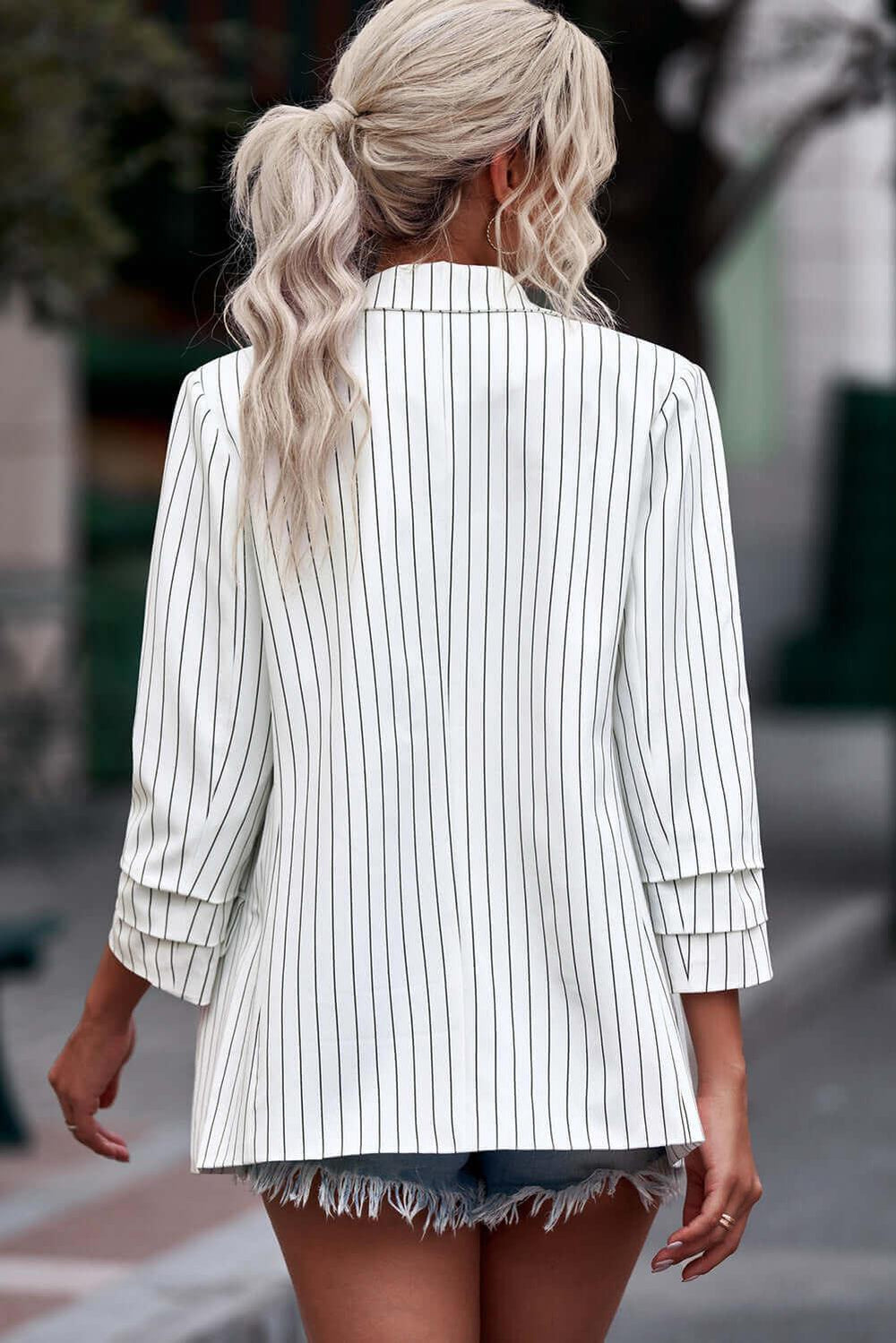 Striped Double-Breasted Long Sleeve Blazer - Samslivos