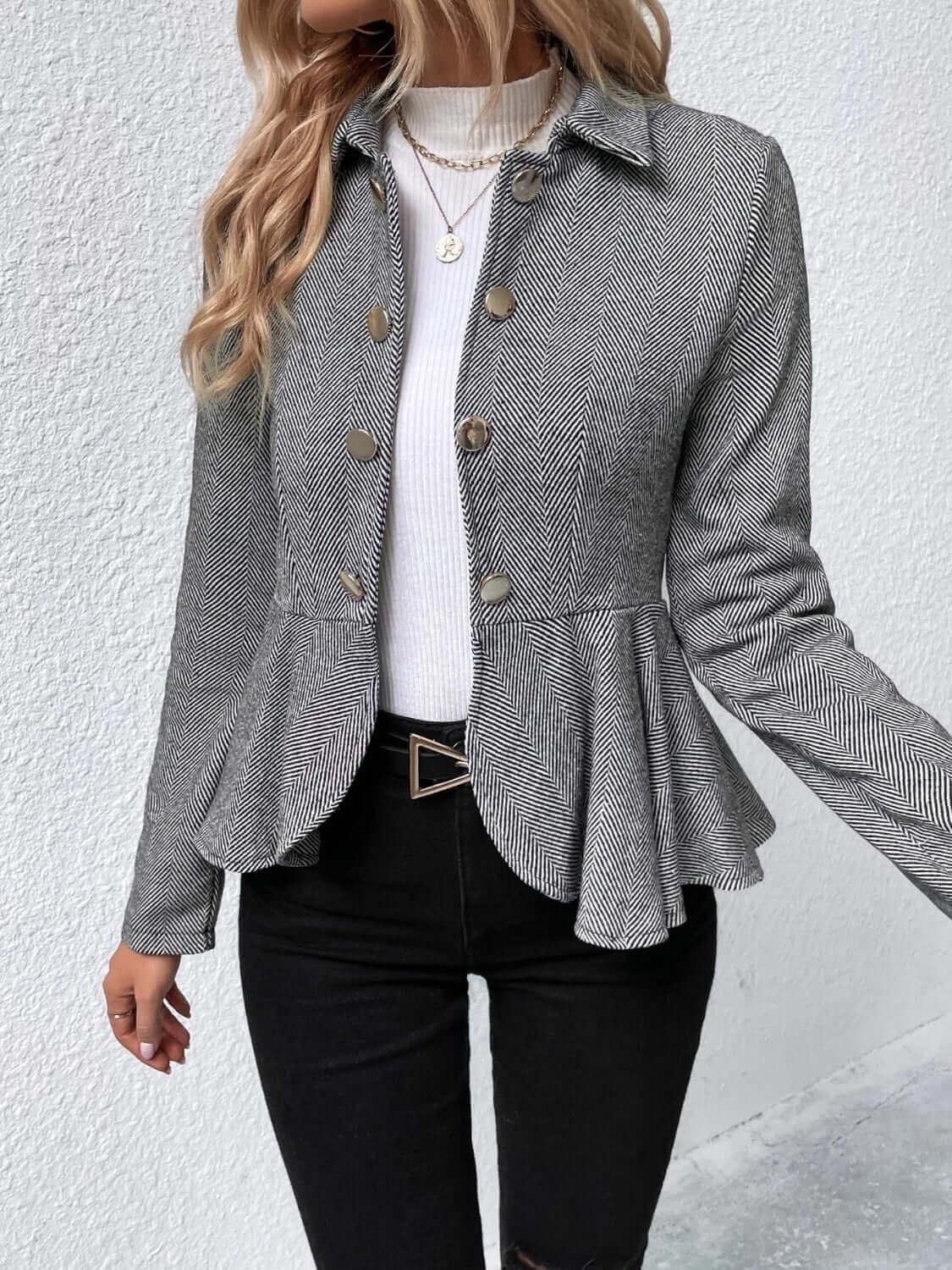 Ruffle Hem Collared Unique Fashion Blazer - SAMFILS