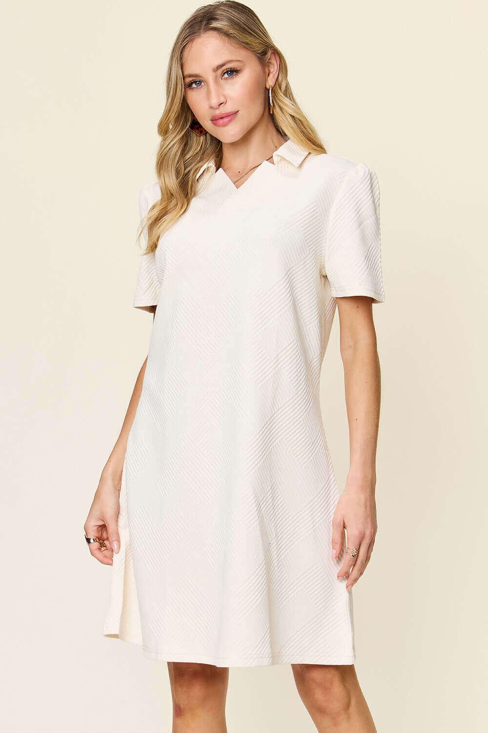 Double Take Full Size Texture Collared Neck Short Sleeve Dress - SAMFILS