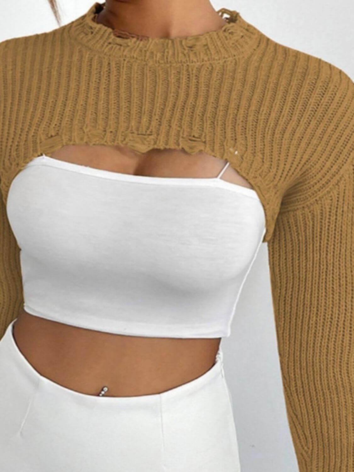 Distressed Long Sleeve Cropped Sweater - SAMFILS