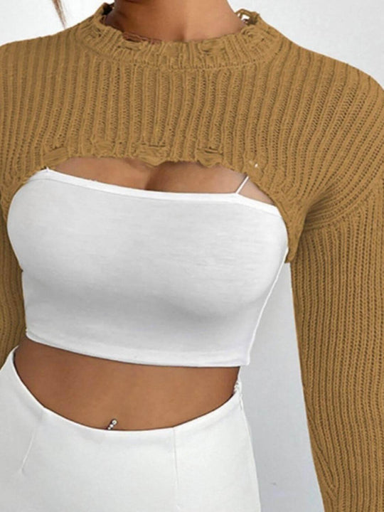 Distressed Long Sleeve Cropped Sweater - Samslivos