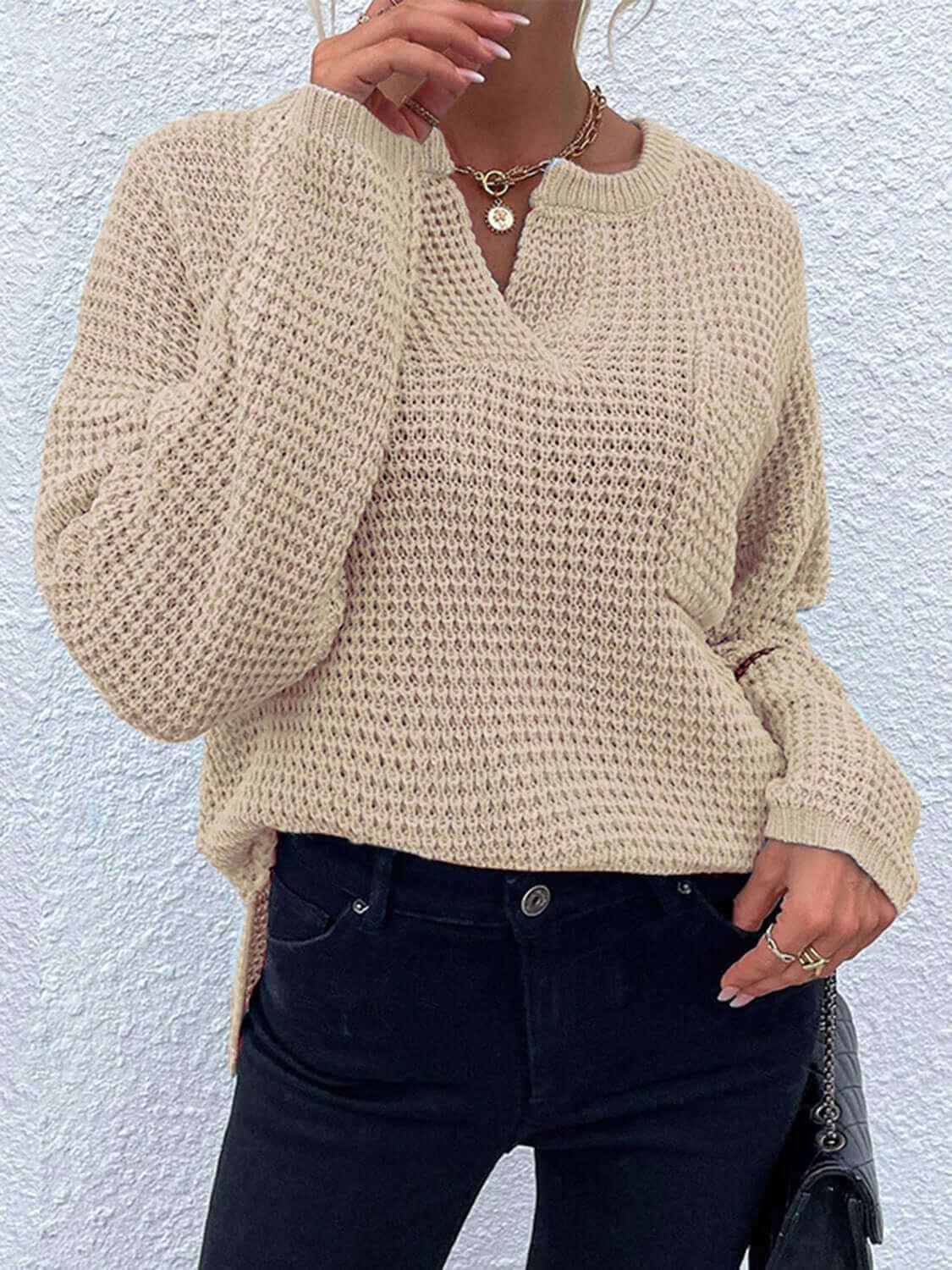 Comfort Notched Long Sleeve Sweater - SAMFILS