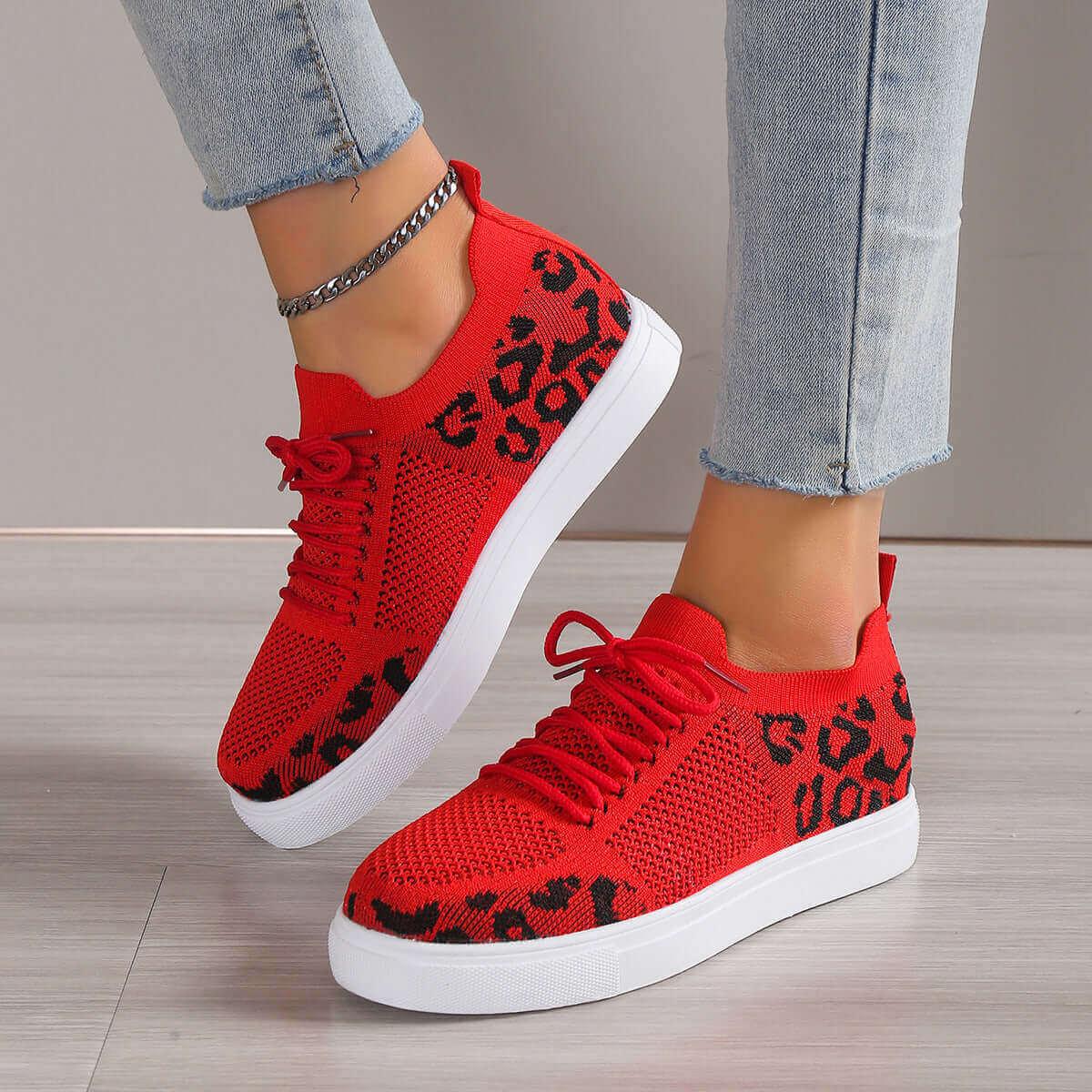 Comfortable Lace-Up Leopard Flat Sneakers Design - SAMFILS