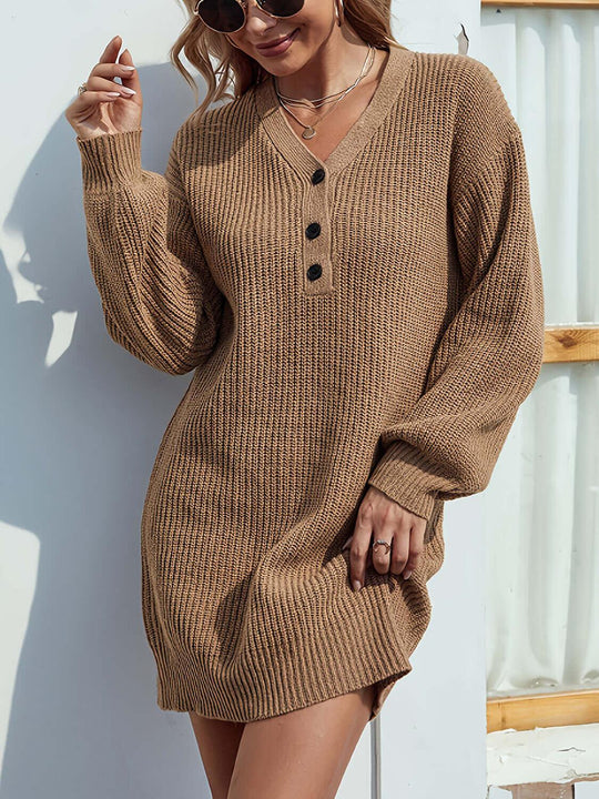 V-Neck Dropped Shoulder Mini Sweater Dress - SAMFILS