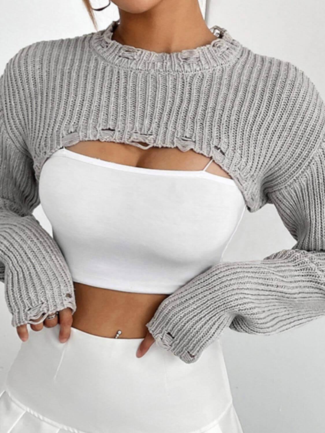 Distressed Long Sleeve Cropped Sweater - SAMFILS