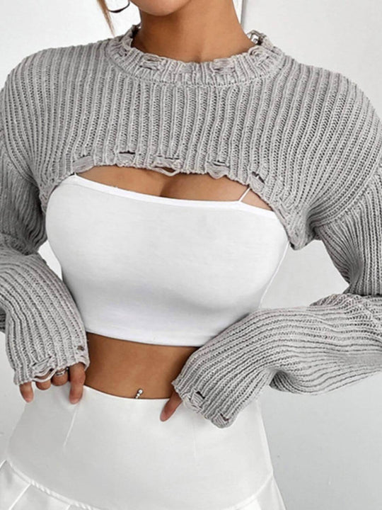 Distressed Long Sleeve Cropped Sweater - Samslivos