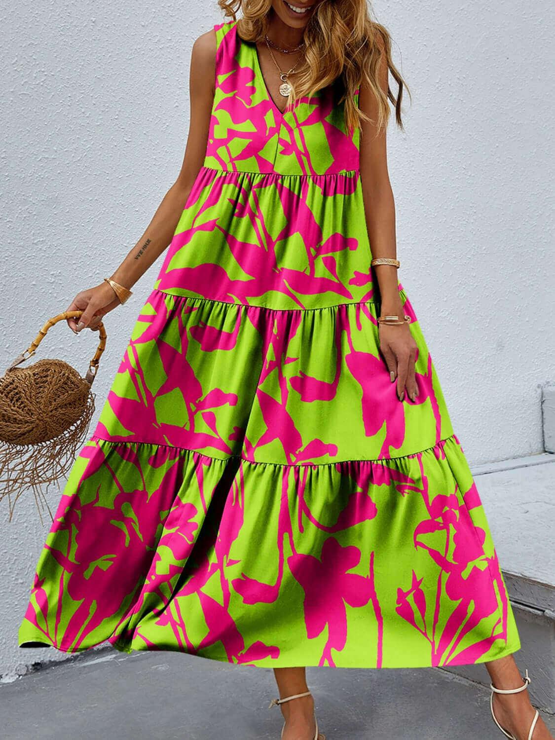 Lovely Tiered Printed V-Neck Sleeveless Dress - SAMFILS