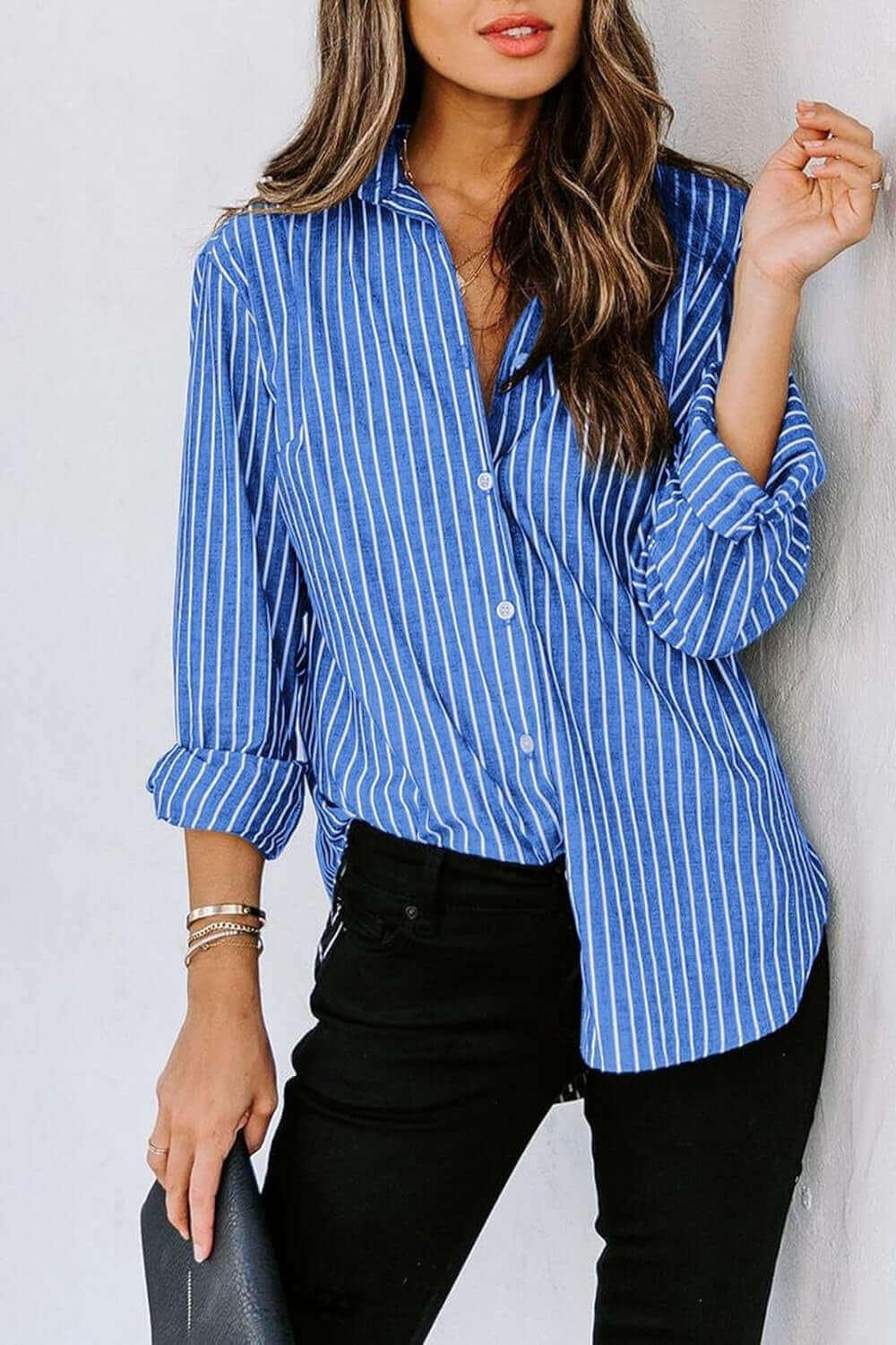 Striped Button Up comfortable Classic Long Sleeve Shirt - SAMFILS