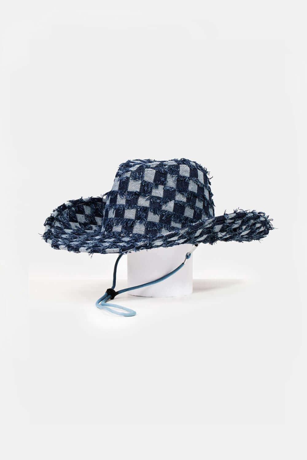 Fame Checkered Fringe Denim Western Cowboy Hat - Samslivos