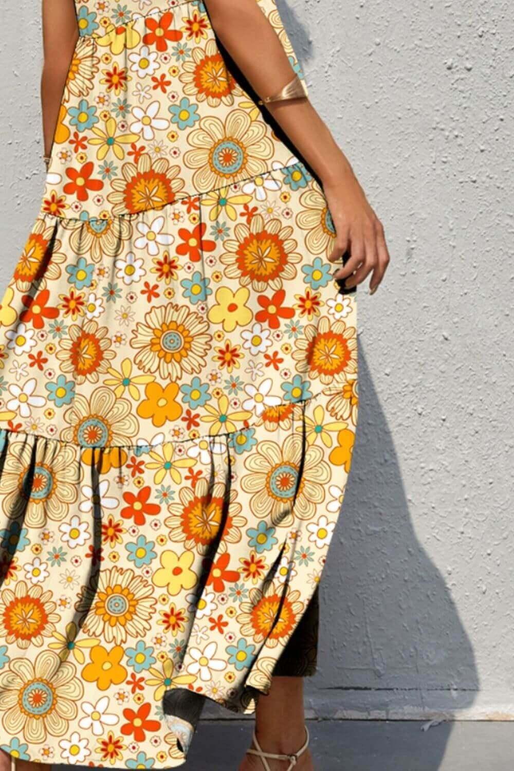 Lovely Tiered Printed V-Neck Sleeveless Dress - SAMFILS