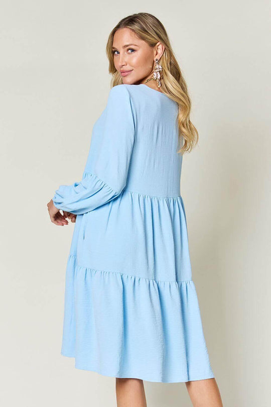 Double Take Full Size V-Neck Balloon Sleeve Tiered Dress - SAMFILS