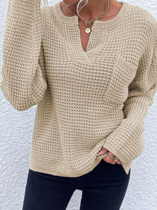 Comfort Notched Long Sleeve Sweater - SAMFILS