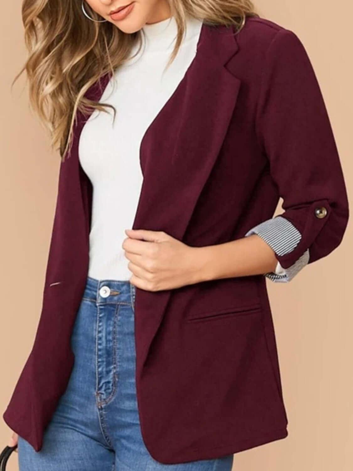 Lapel Collar Roll-Tab Clausic Sleeve Blazer - SAMFILS