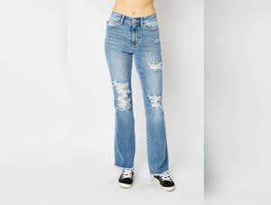 Judy Blue Full Size Distressed Raw Hem Bootcut Jeans - SAMFILS