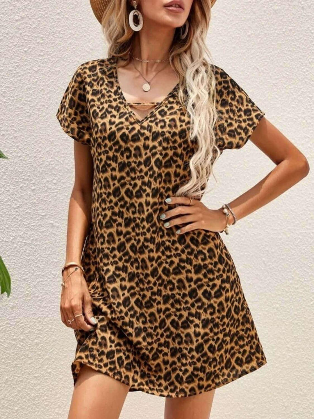 Leopard Short Sleeve Mini Opaque Sexy Dress - Samslivos