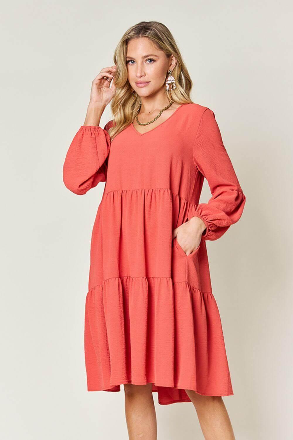 Double Take Full Size V-Neck Balloon Sleeve Tiered Dress - SAMFILS