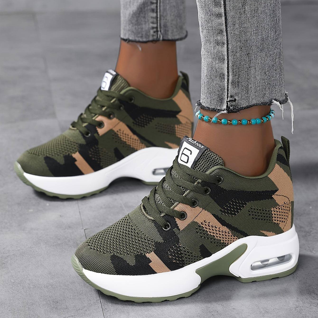 Women's Camouflage Pattern Sneakers, Breathable Knit Lace Up - SAMFILS