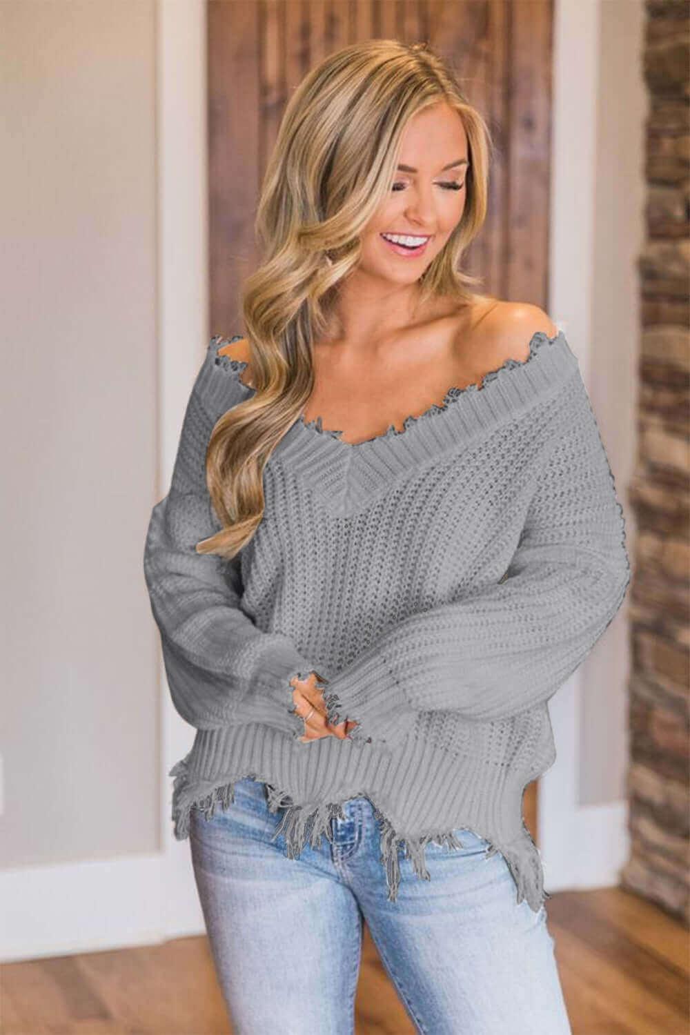 Frayed Hem Dropped Shoulder Sweater - SAMFILS