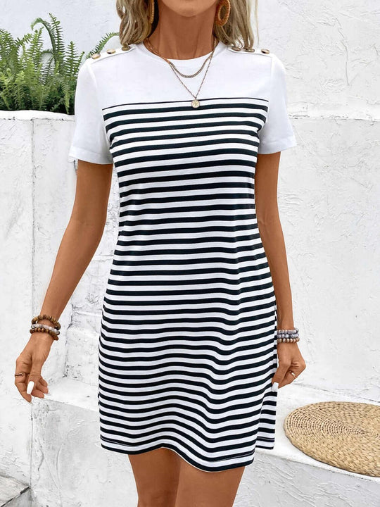 Striped Round Neck Short Sleeve Mini Tee Dress - Samslivos