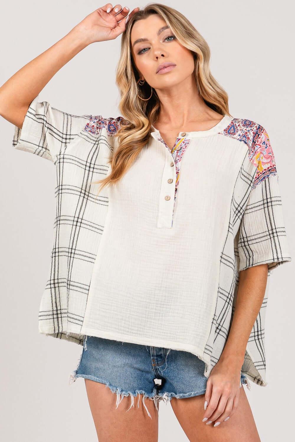 SAGE + FIG Plaid Half Button Gauze Top - SAMFILS