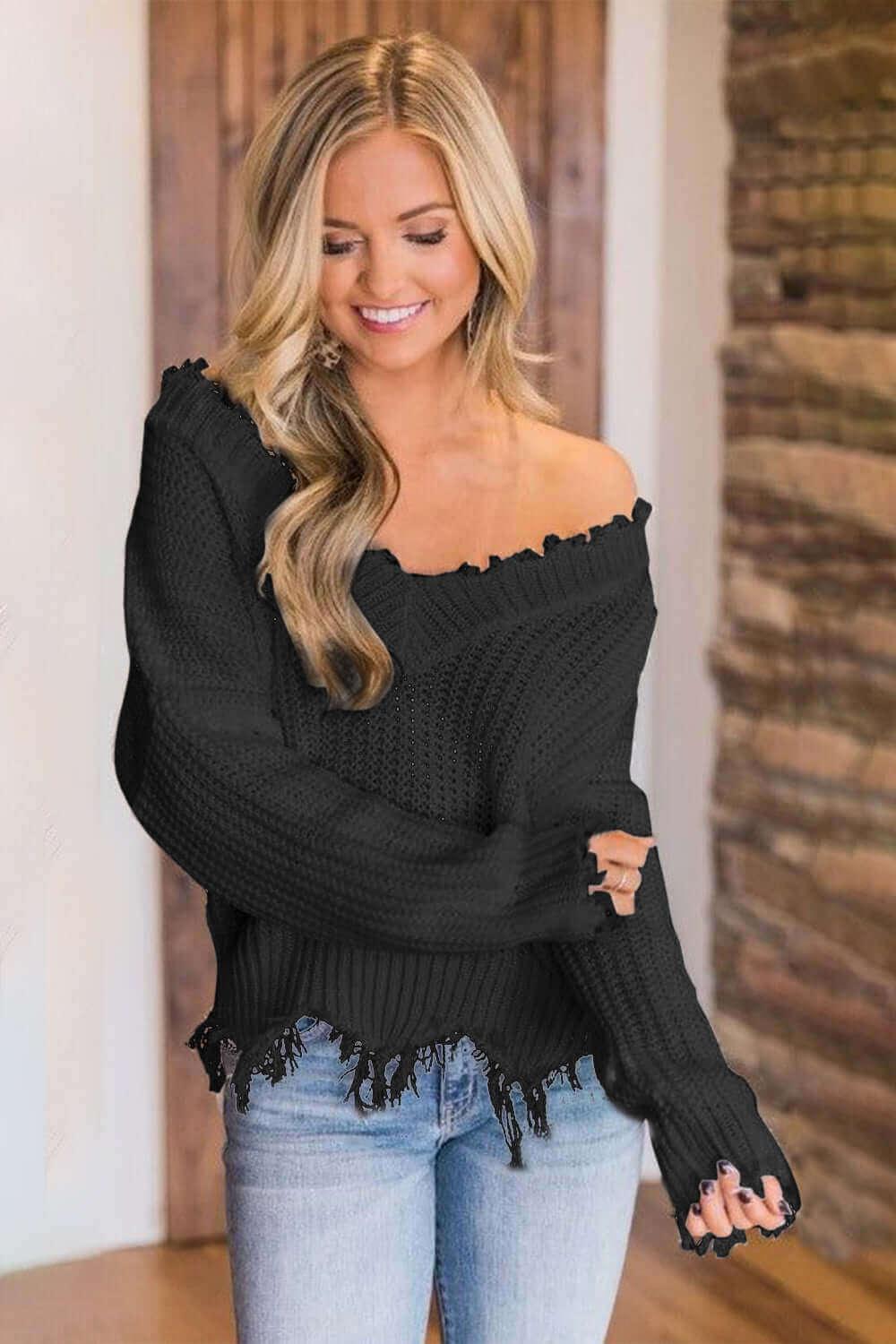 Frayed Hem Dropped Shoulder Sweater - SAMFILS