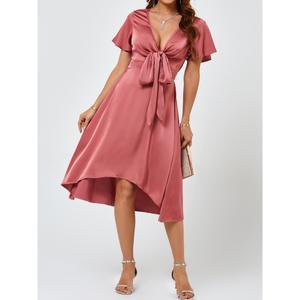 Women V-neck Flared Hem Tie Waist Cutout Dress - Samslivos